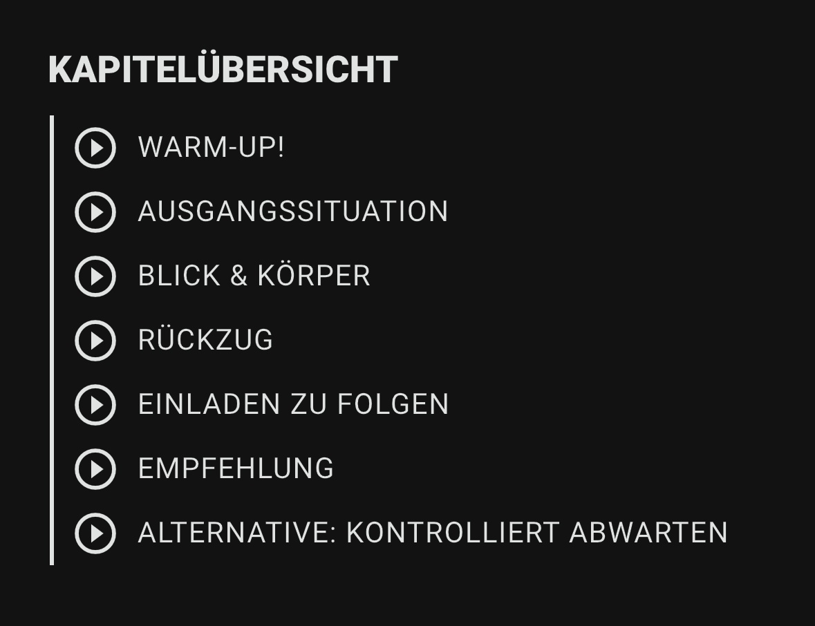 Schwarzer Bildschirm mit weißer Schrift, auf dem eine Kapitelübersicht angezeigt wird. Die Liste enthält mehrere Punkte mit Play-Symbolen: „Warm-up!“, „Ausgangssituation“, „Blick & Körper“, „Rückzug“, „Einladen zu Folgen“, „Empfehlung“ und „Alternative: Kontrolliert Abwarten“. Die Übersicht wirkt wie ein Menü oder Inhaltsverzeichnis eines Trainingsvideos in der RUDEL. App.
