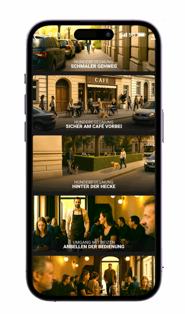 Smartphone mit geöffneter RUDEL. App. Auf dem Bildschirm sind Alltagssituationen mit Hund zu sehen: „Hundebegegnung auf schmalem Gehweg“, „Sicher am Café vorbei“, „Hundebegegnung hinter der Hecke“ und „Anbellen der Bedienung“. Jede Szene zeigt typische urbane Trainingssituationen, in denen Mensch und Hund lernen, ruhig und souverän mit Reizen und Begegnungen umzugehen.