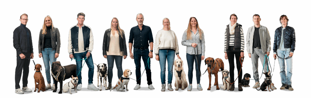 Gruppenfoto mit zehn Personen und ihren Hunden. Die Menschen stehen nebeneinander, jeweils mit ihrem Hund an der Leine, und blicken in die Kamera. Zu sehen sind Hunde verschiedener Rassen, Größen und Farben – vom kleinen Chihuahua bis zum großen Retriever. Das Bild vermittelt Vielfalt und Zusammenhalt im Mensch-Hund-Team.