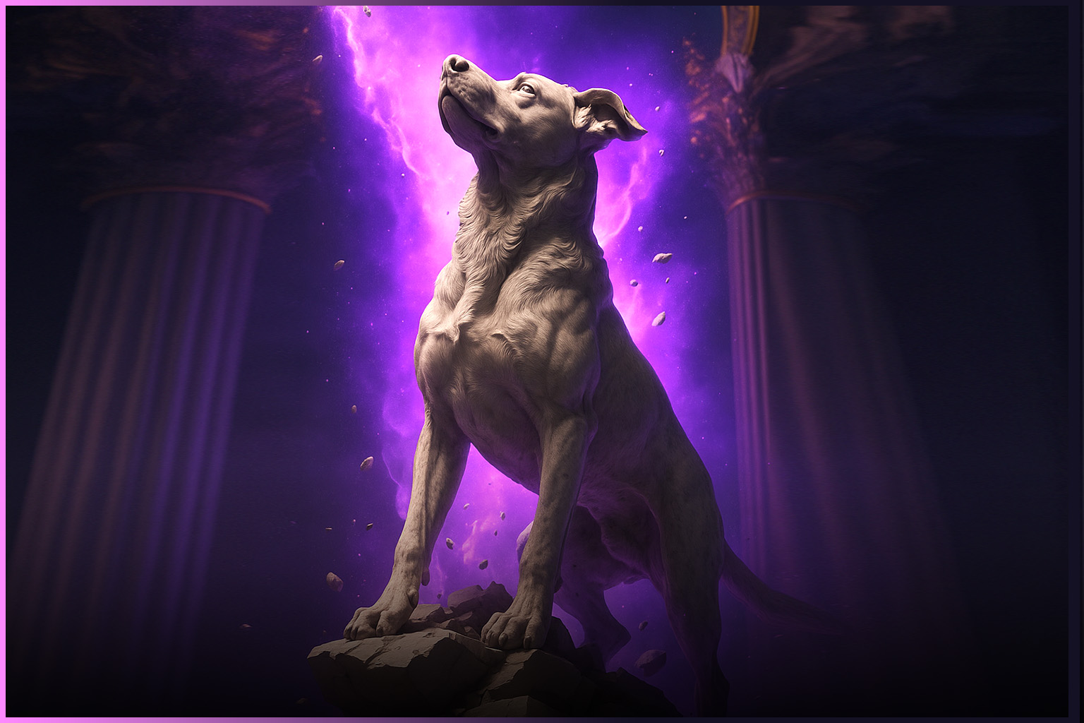 Das Bild zeigt eine eindrucksvolle, stilisierte Darstellung eines Hundes, der majestätisch auf einem Felsen steht. Hinter ihm leuchtet ein intensiver violetter Lichtstrahl, der an eine göttliche oder mystische Aura erinnert. Umgeben von antiken Säulen wirkt die Szene wie ein episches Porträt, das Stärke, Würde und Erhabenheit symbolisiert.