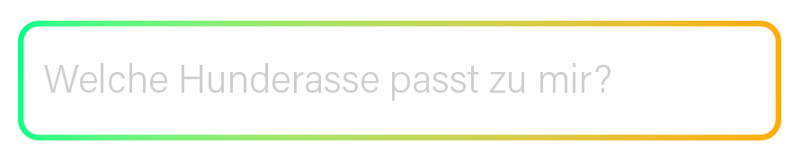 Transparente Eingabeleiste des KI Coach KAIA mit Farbverlauf von Grün zu Orange und der Beschriftung ‚Welche Hunderasse passt zu mir?‘ – modernes Interface-Element aus der RUDEL. App.“