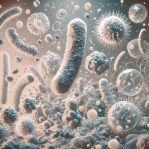 Mikroskopische Nahaufnahme verschiedener Bakterien und Viren in 3D-Darstellung, schwebend in einer organischen Umgebung. Die Strukturen sind detailliert mit feinen Härchen, Zellmembranen und kugelförmigen Partikeln dargestellt, in Blau- und Beigetönen. - rassetypische Krankheiten beim Hund - RUDEL. App