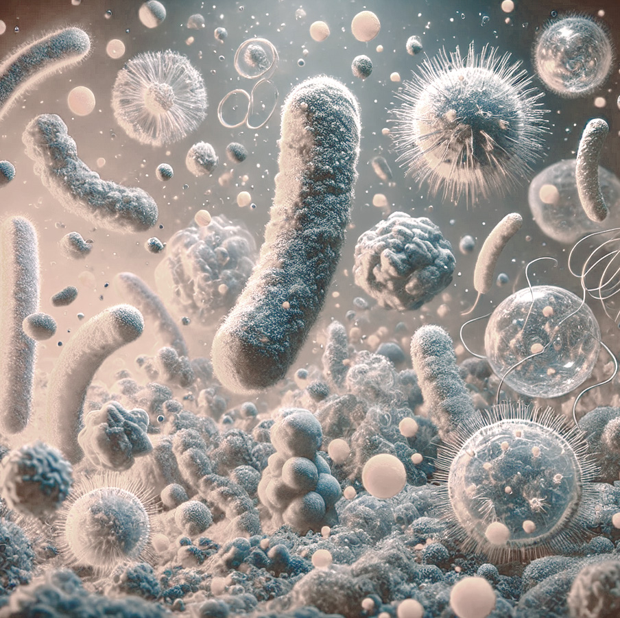 Mikroskopische Nahaufnahme verschiedener Bakterien und Viren in 3D-Darstellung, schwebend in einer organischen Umgebung. Die Strukturen sind detailliert mit feinen Härchen, Zellmembranen und kugelförmigen Partikeln dargestellt, in Blau- und Beigetönen. - rassetypische Krankheiten beim Hund - RUDEL. App