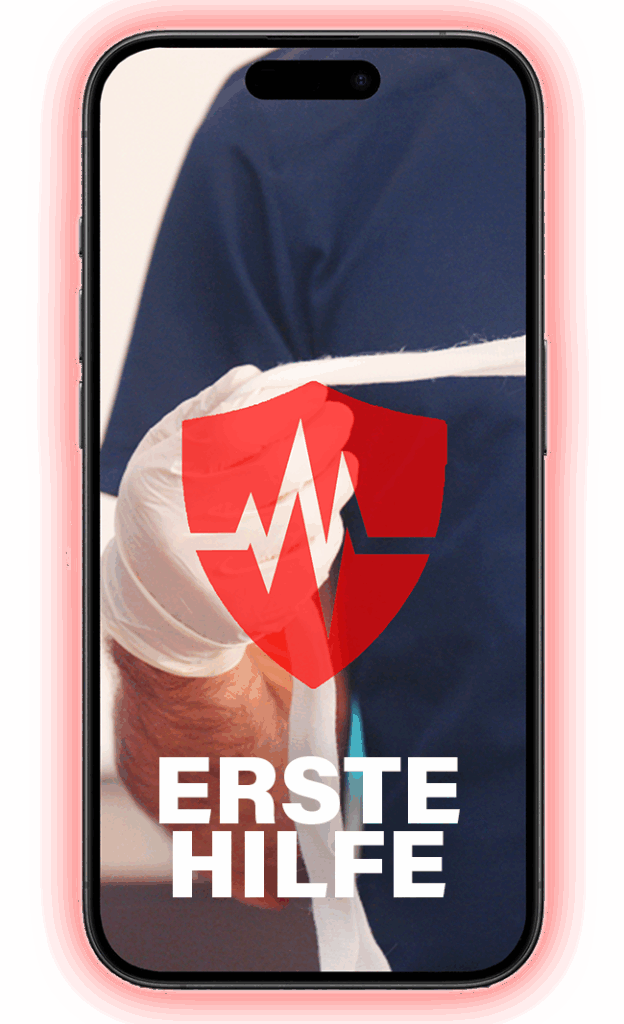 Rotes Schutzschild mit Herzfrequenzlinie über einem Arzt in blauer Kleidung, der einen Verband wickelt – Symbol für Erste Hilfe Hund und medizinische Sicherheit bei Hunden in der RUDEL. App.