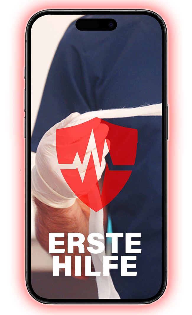 Rotes Schutzschild mit Herzfrequenzlinie über einem Arzt in blauer Kleidung, der einen Verband wickelt – Symbol für Erste Hilfe Hund und medizinische Sicherheit bei Hunden in der RUDEL. App.