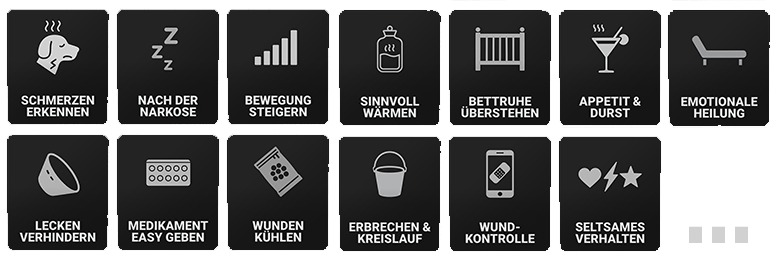 Übersicht mit 13 schwarzen Symbolkacheln aus der RUDEL. App zur OP-Nachsorge beim Hund. Gezeigt werden Icons mit Beschriftungen: Schmerzen erkennen, Nach der Narkose, Bewegung steigern, Sinnvoll wärmen, Bettruhe überstehen, Appetit & Durst, Emotionale Heilung, Lecken verhindern, Medikament easy geben, Wunden kühlen, Erbrechen & Kreislauf, Wundkontrolle, Seltsames Verhalten und Nächtliche Unruhe.
