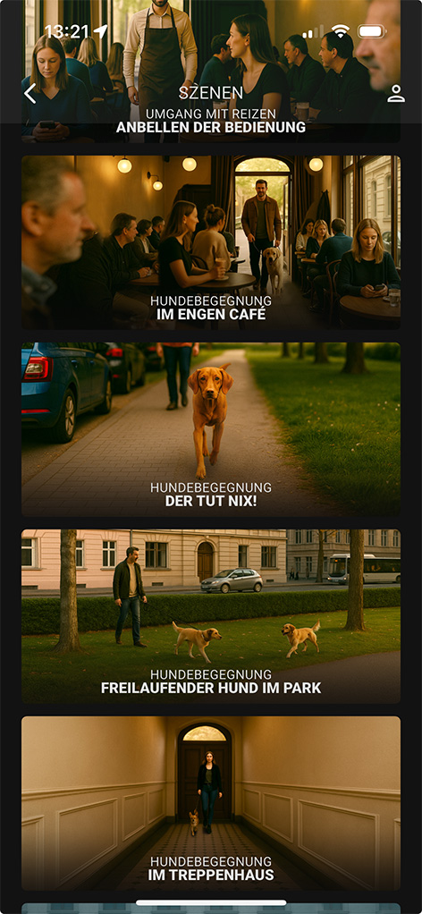 Smartphone-Display mit der RUDEL. App, die verschiedene Trainingsszenen zeigt: „Anbellen der Bedienung“, „Hundebegegnung im engen Café“, „Der tut nix!“, „Freilaufender Hund im Park“ und „Im Treppenhaus"
