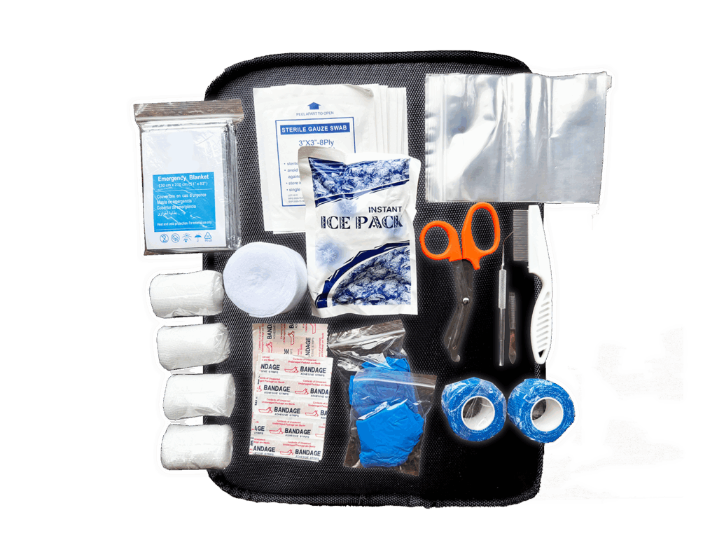 alle Inhalte des Erste Hilfe Kits von Kompressen über selbsthaftende Binden bis Werkzeuge wie Schere und Pinzette