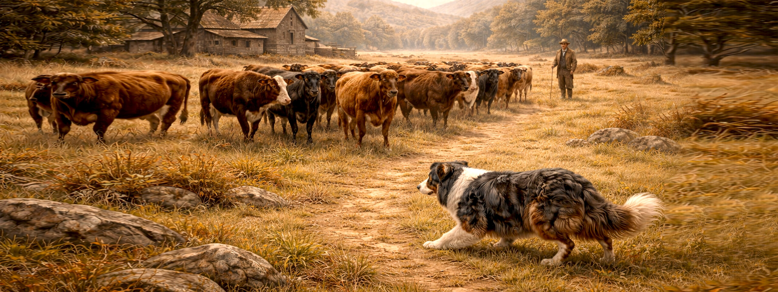 Australian Shepherd hütet Rinder mit Farmer im Hintergrund in den USA