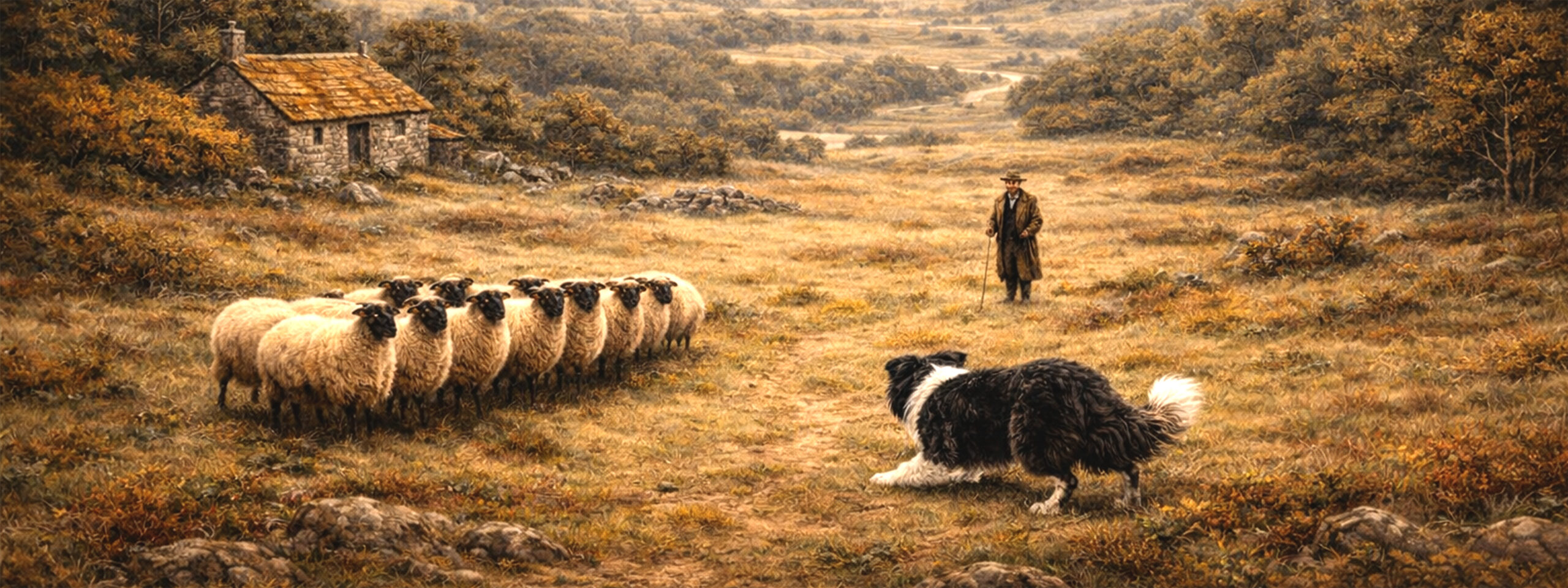 Border Collie in Schottland Mitte 19. Jhd beim Hüten der Schafe