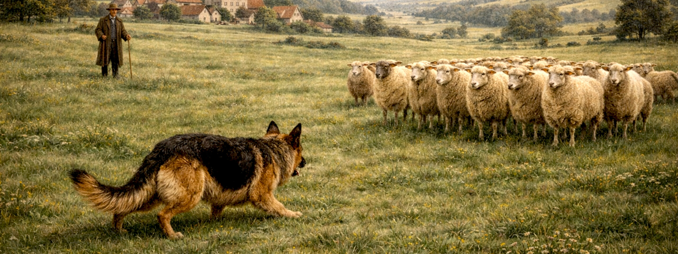 Deutscher Schäferhund bei der Hütearbeit von Schafen Anfang 19. Jahrhundert in Deutschland