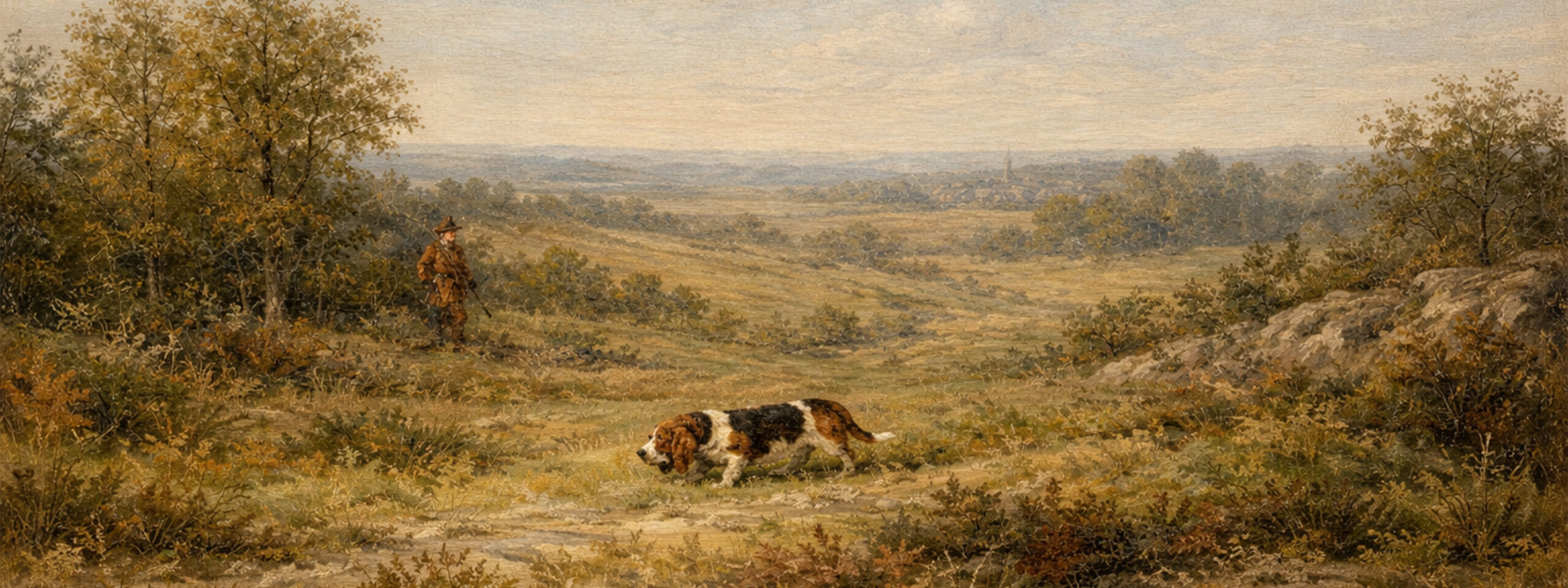 Gemälde zeigt Basset bei der rassespezifischen Arbeit im Gelände