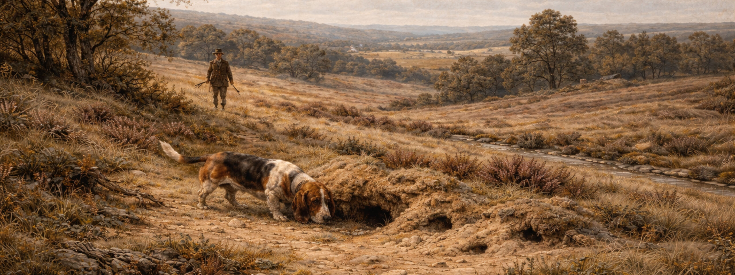 Gemälde zeigt Beagle bei der rassespezifischen Arbeit im Gelände