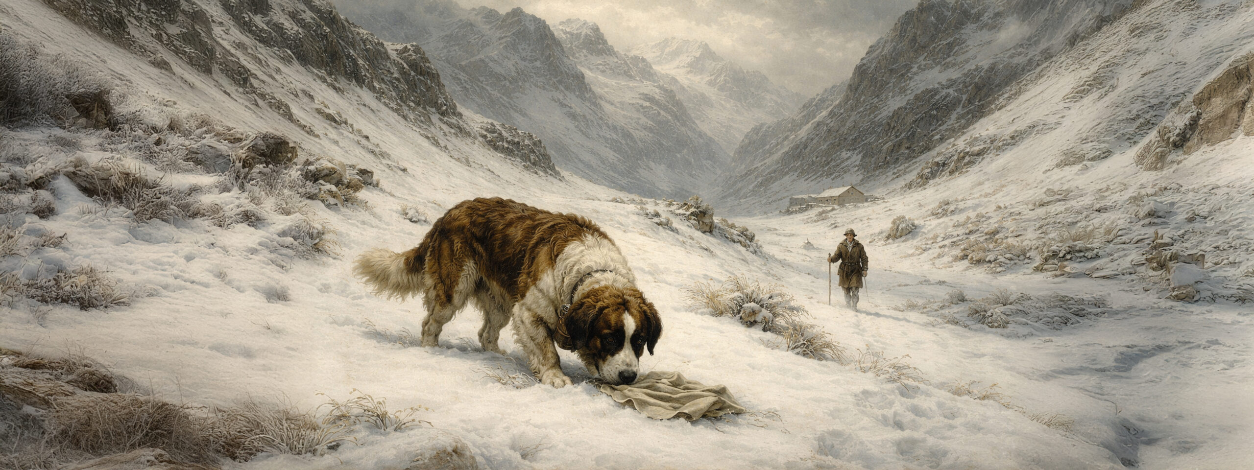 Gemälde zeigt Bernhardiner bei der rassespezifischen Arbeit im Gelände