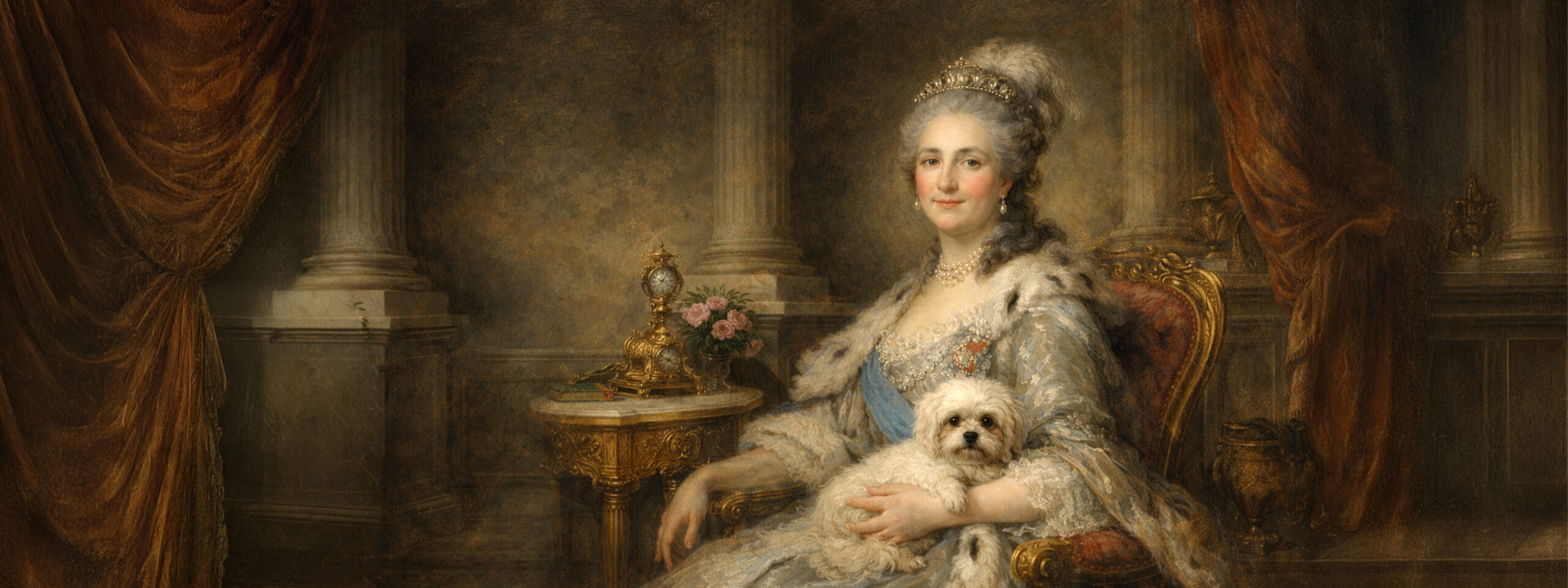 Gemälde zeigt Bolonka Zwetna auf dem Schoß der russischen Kaiserin