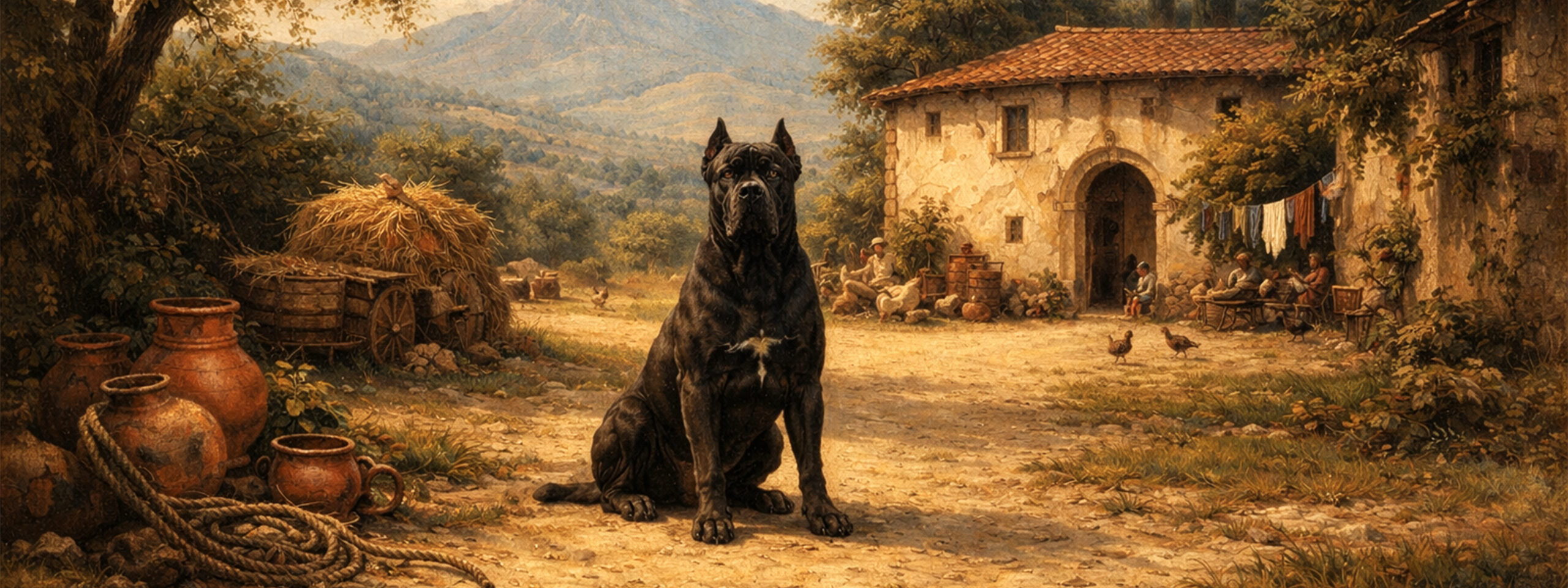 Gemälde zeigt Cane Corso bei der rassespezifischen Arbeit im Gelände