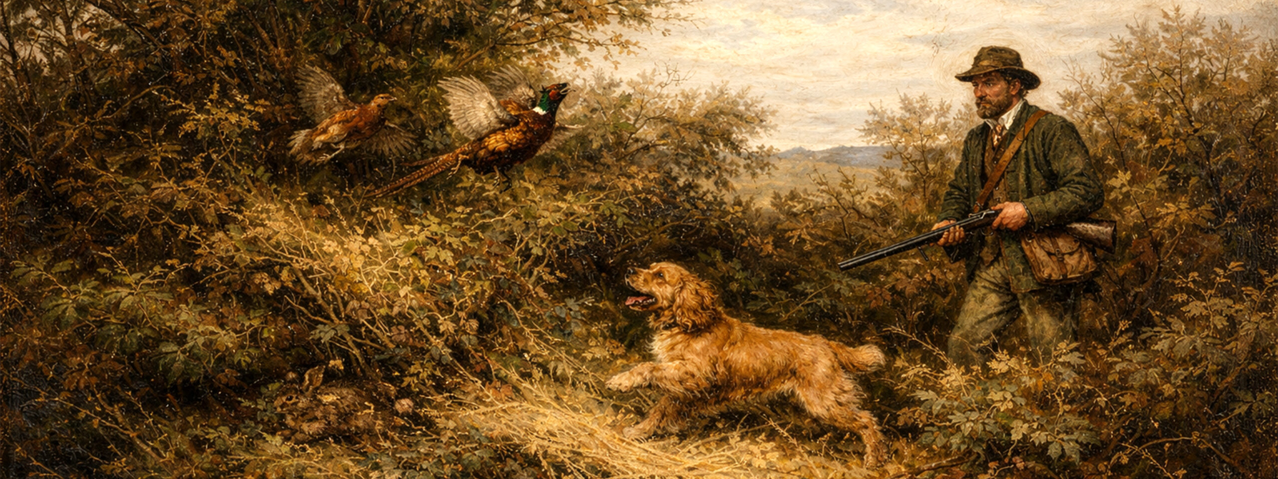 Gemälde zeigt Cocker Spaniel bei der rassespezifischen Arbeit im Gelände