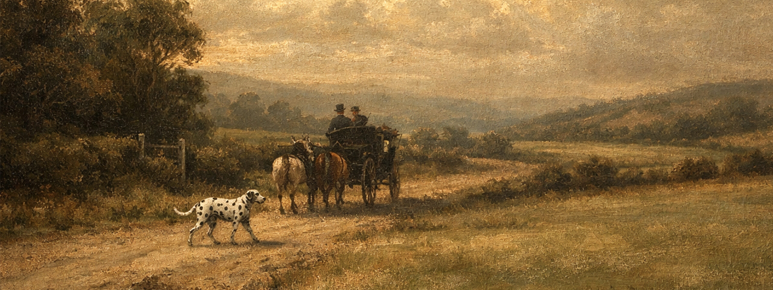 Gemälde zeigt Dalmatiner bei der rassespezifischen Arbeit im Gelände