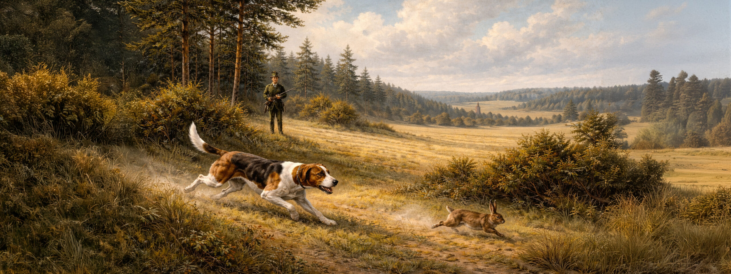 Gemälde zeigt Deutsche Bracke bei der rassespezifischen Arbeit im Gelände