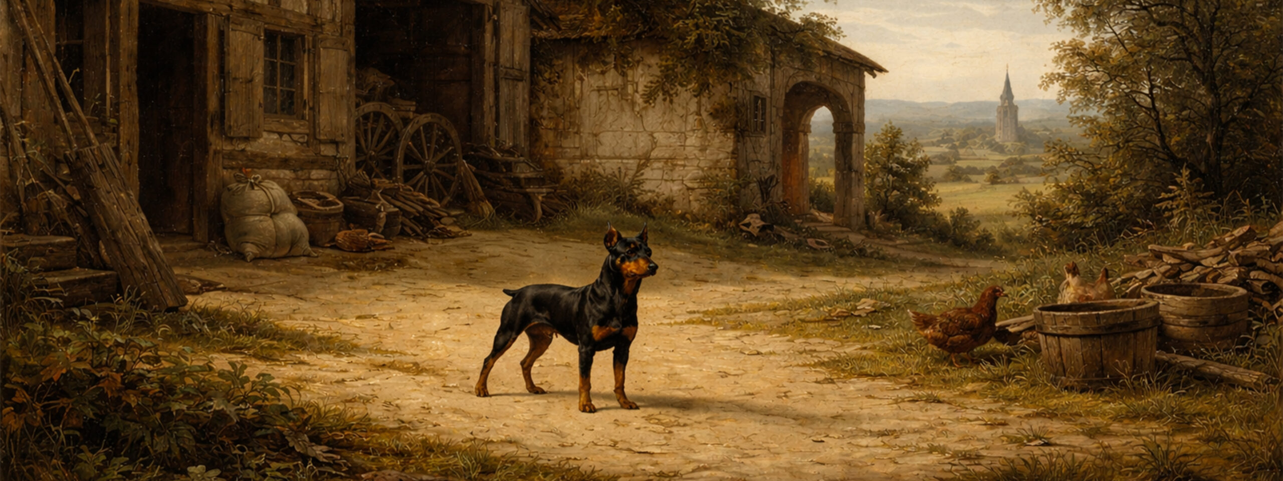 Gemälde zeigt Deutschen Pinscher bei der rassespezifischen Arbeit im Gelände