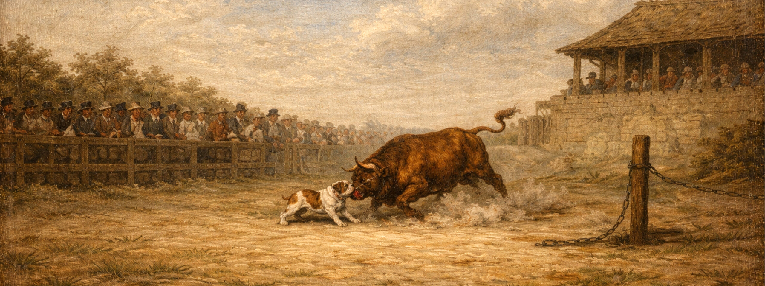 Gemälde zeigt Englische Bulldogge bei der rassespezifischen Arbeit im Gelände