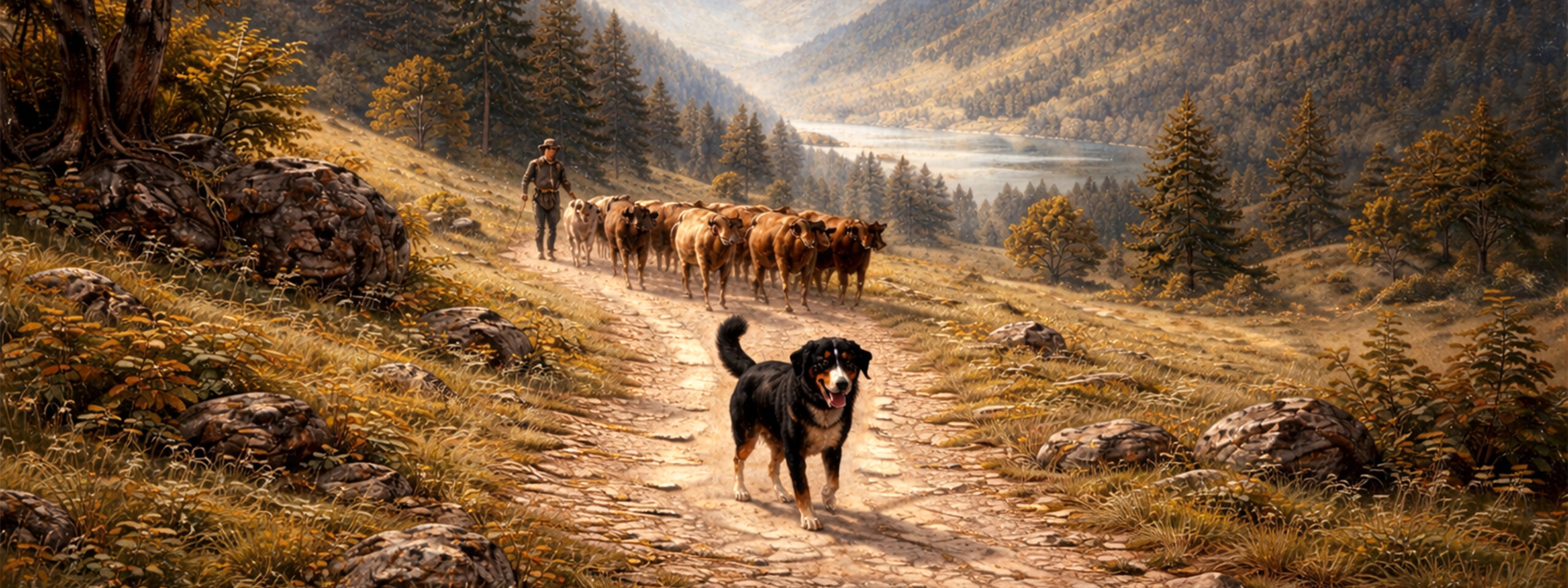 Gemälde zeigt Entlebucher Sennenhund bei der rassespezifischen Arbeit im Gelände