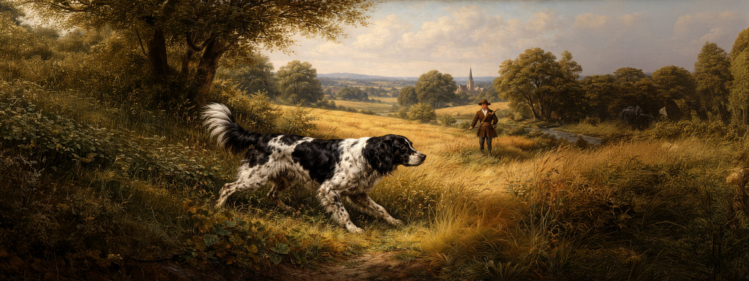 Gemälde zeigt Großen Münsterländer bei der rassespezifischen Arbeit im Gelände