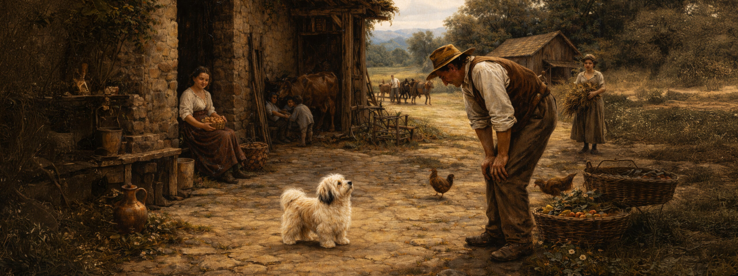 Gemälde zeigt Havaneser bei der rassespezifischen Arbeit im Gelände