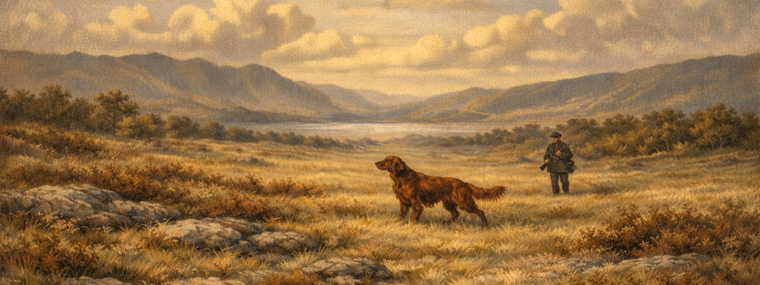 Gemälde zeigt Irish Setter bei der rassespezifischen Arbeit im Gelände