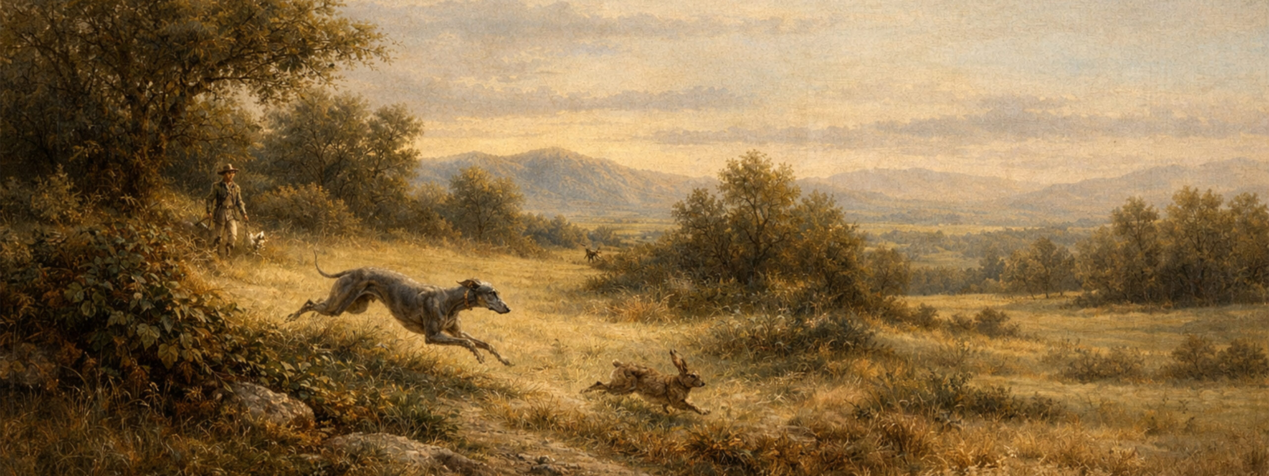 Gemälde zeigt Italienisches Windspiel bei der rassespezifischen Arbeit im Gelände