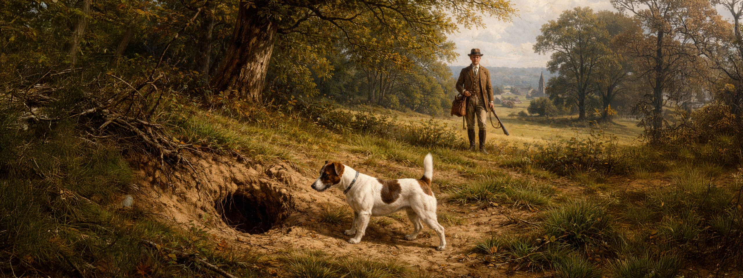 Gemälde zeigt Jack Russel bei der rassespezifischen Arbeit im Gelände