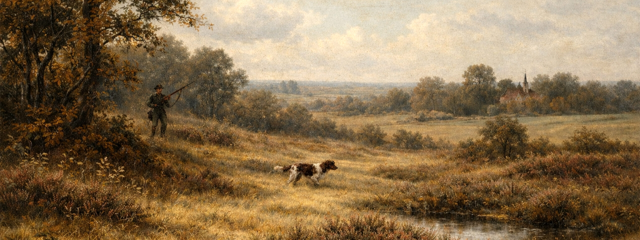 Gemälde zeigt Kleinen Münsterländer bei der rassespezifischen Arbeit im Gelände