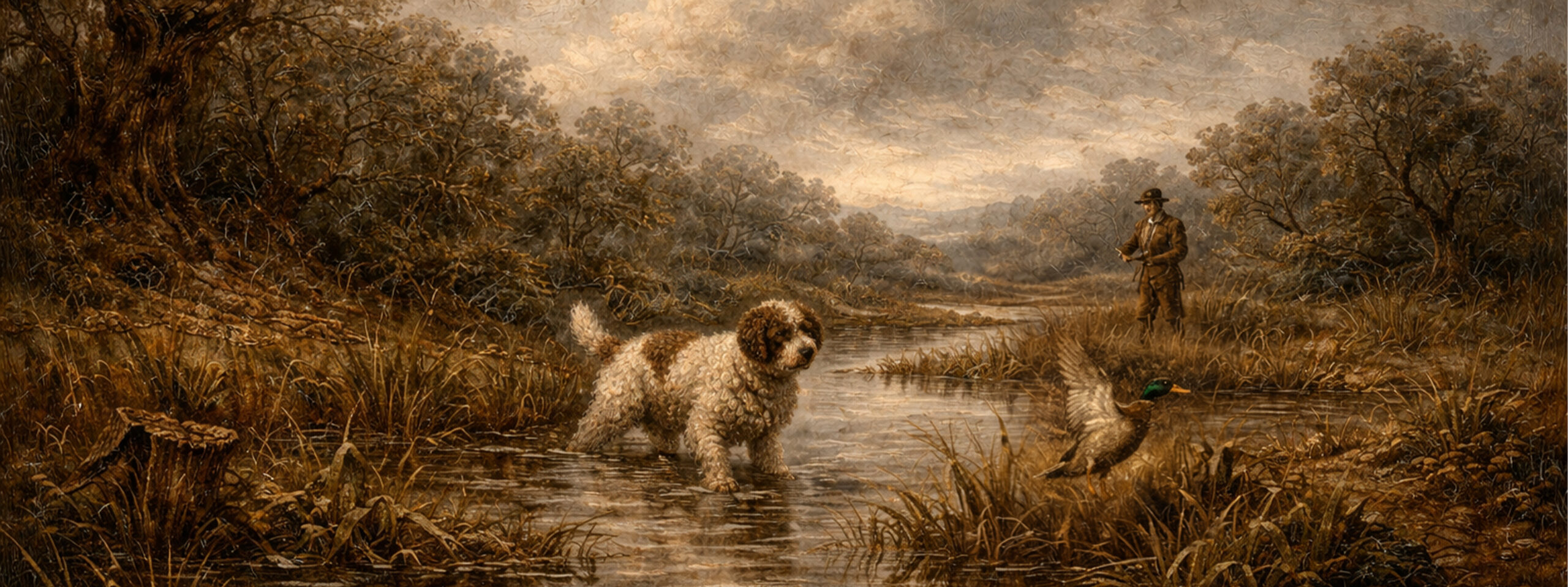 Gemälde zeigt Lagotto Romagnolo bei der rassespezifischen Arbeit im Gelände