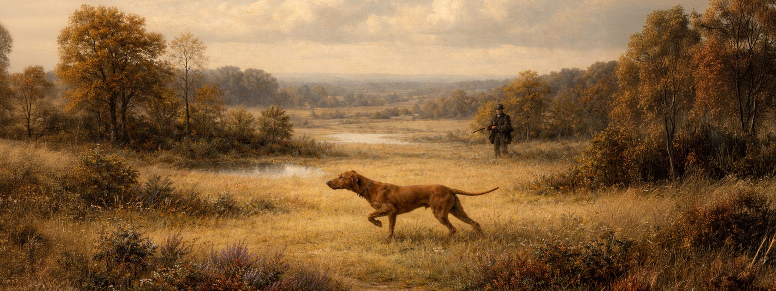 Gemälde zeigt Vizsla bei der rassespezifischen Arbeit im Gelände