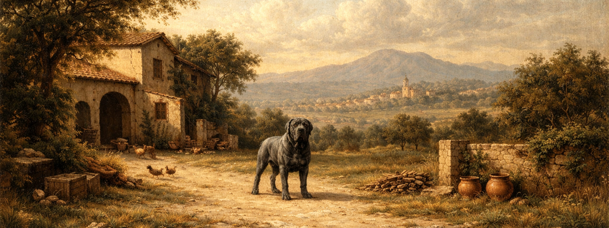 Gemälde zeigt Mastino Napoletano bei der rassespezifischen Arbeit im Gelände