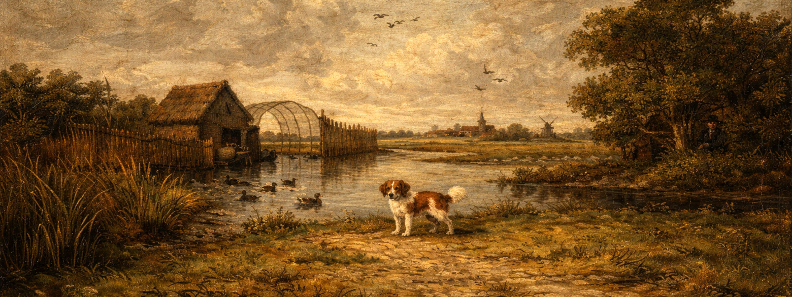 Gemälde zeigt Kooikerhondje bei der rassespezifischen Arbeit im Gelände