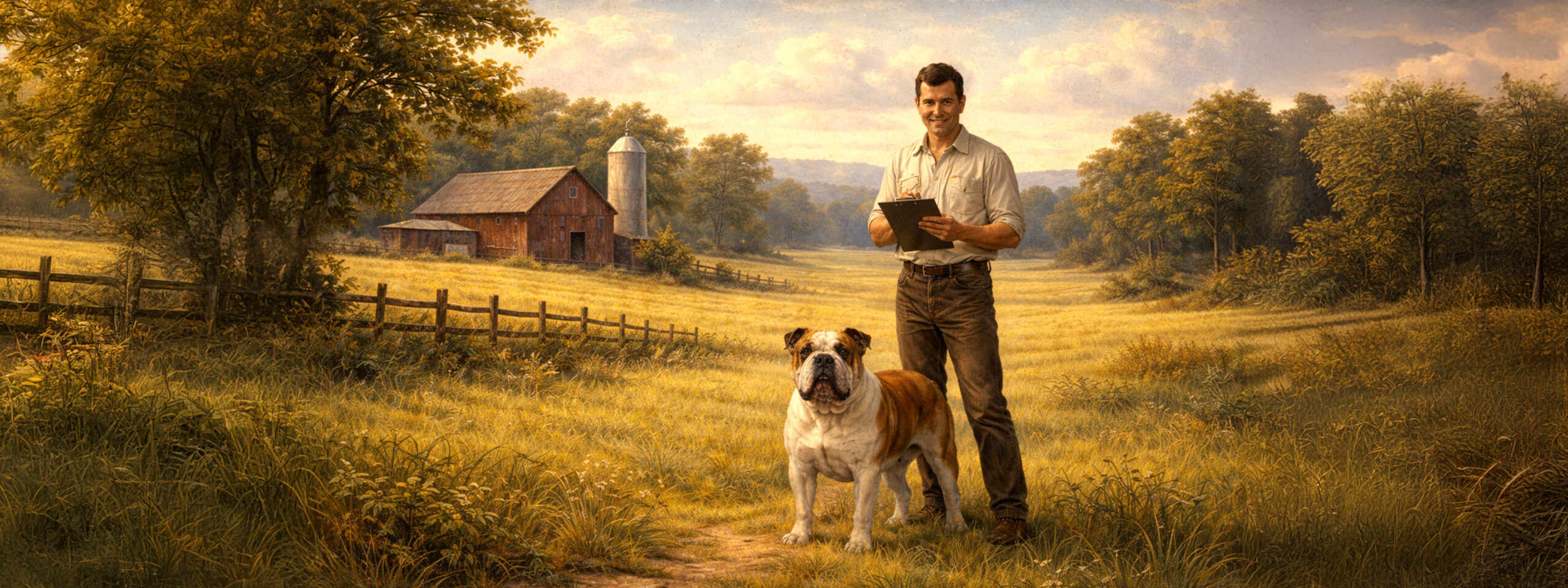 Gemälde zeigt Olde English Bulldog bei der rassespezifischen Arbeit im Gelände