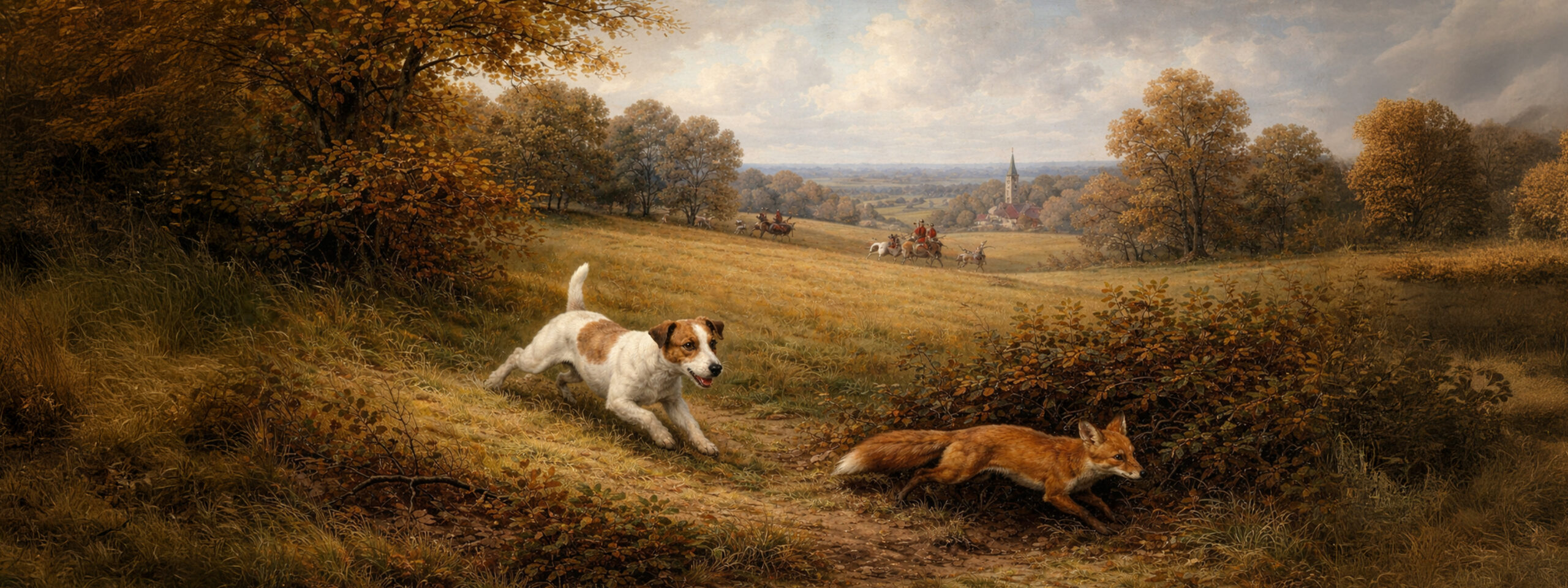 Gemälde zeigt Parson Russel Terrier bei der rassespezifischen Arbeit im Gelände