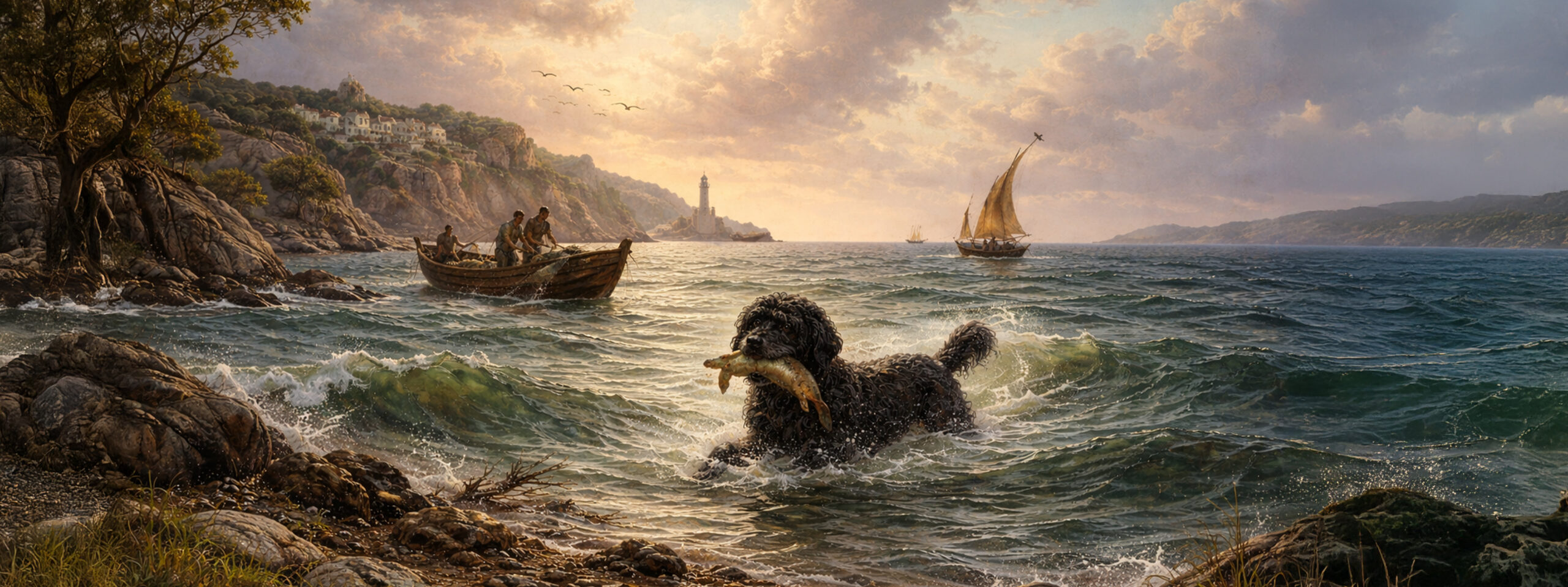 Gemälde zeigt Portugiesischen Wasserhund bei der rassespezifischen Arbeit im Gelände