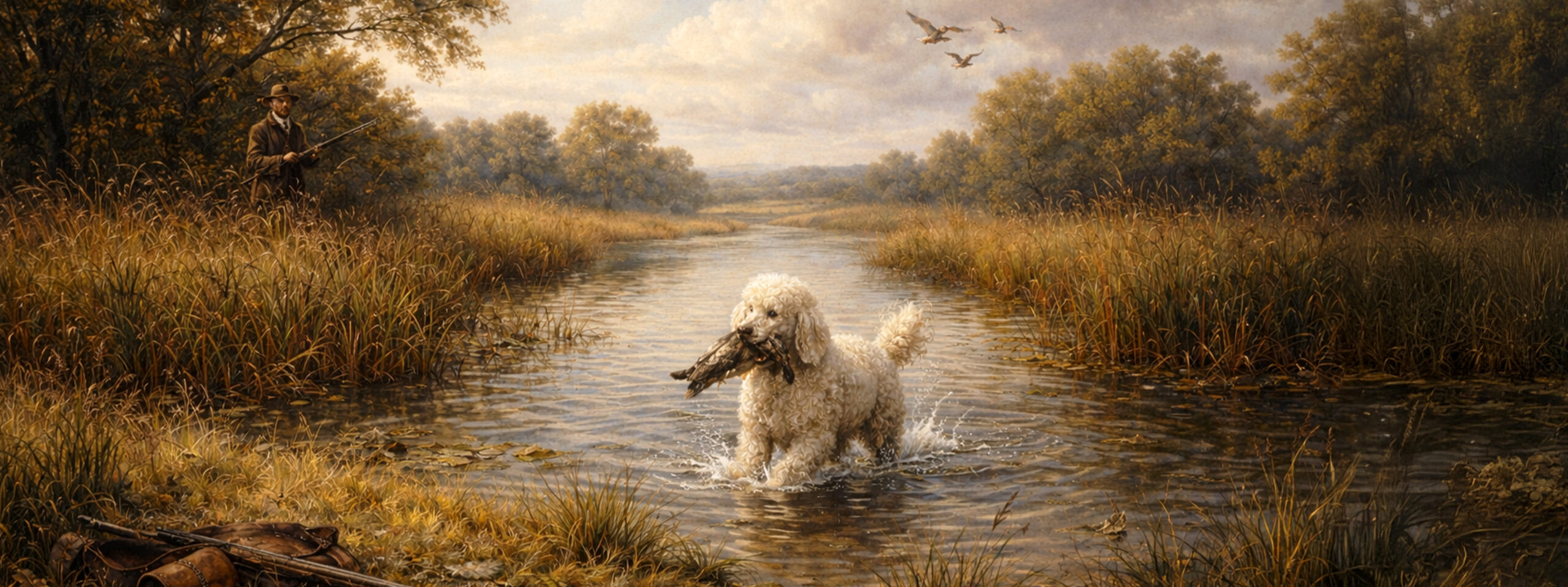 Gemälde zeigt Pudel bei der rassespezifischen Arbeit im Gelände