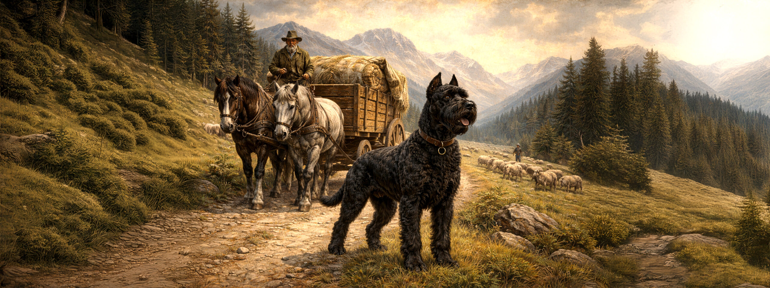 Gemälde zeigt Riesenschnauzer bei der rassespezifischen Arbeit im Gelände