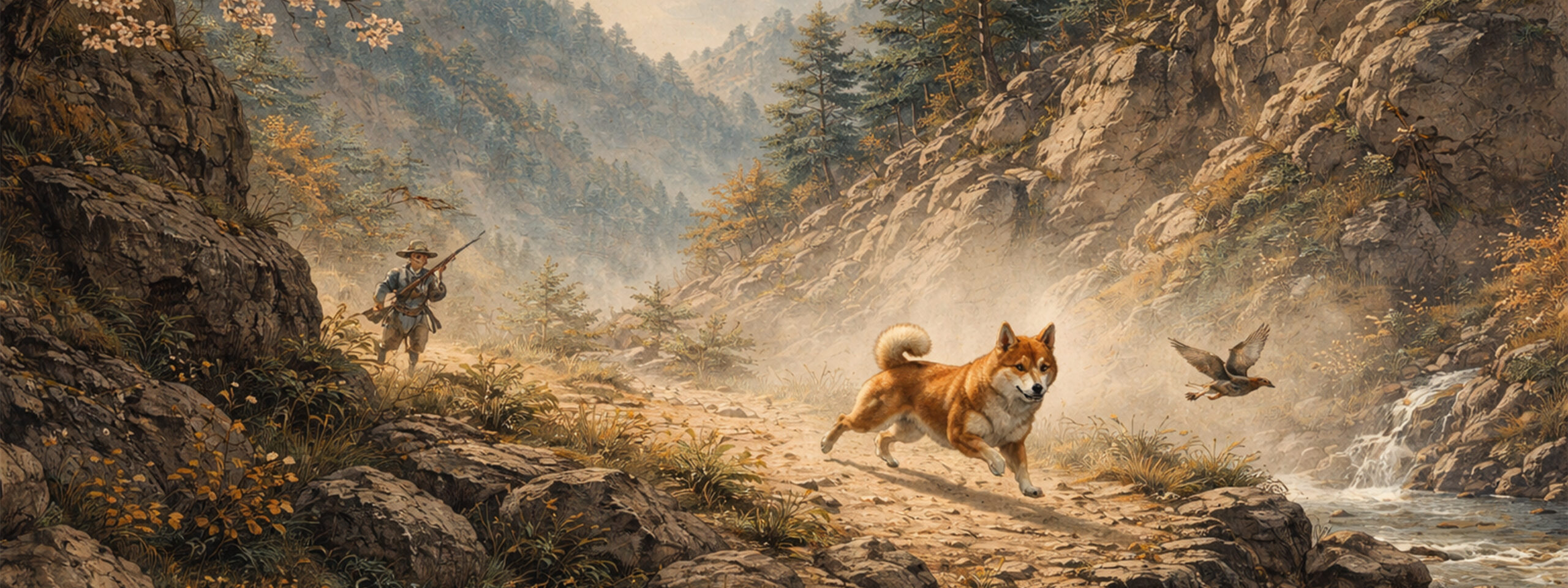 Gemälde zeigt Shiba-Inu bei der rassespezifischen Arbeit im Gelände