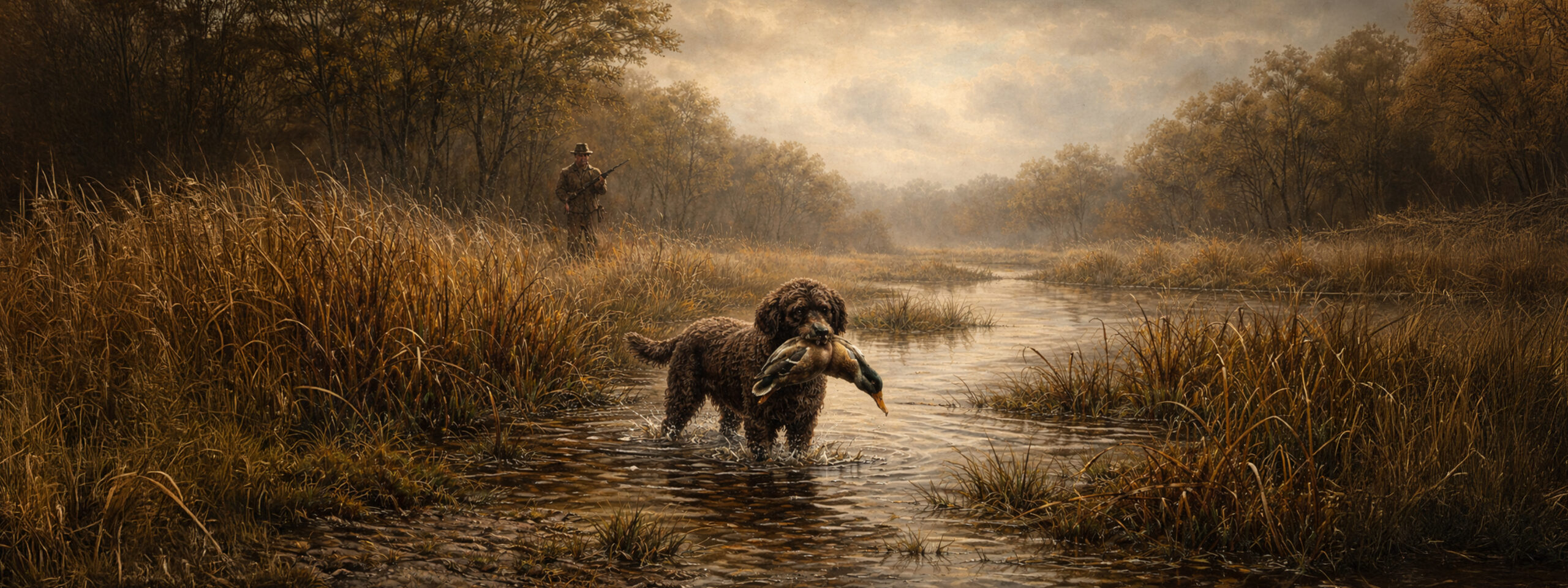 Gemälde zeigt Spanischen Wasserhund bei der rassespezifischen Arbeit im Gelände