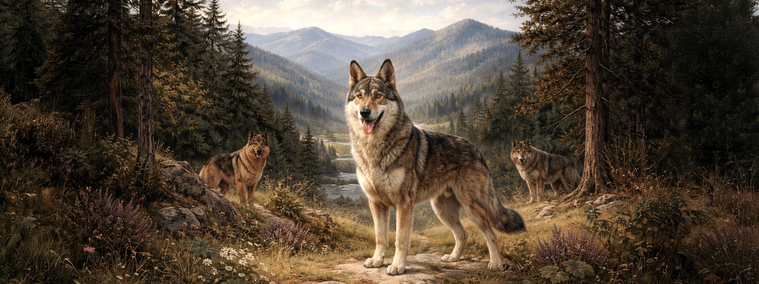 Gemälde zeigt Tschechoslowakischen Wolfshund bei der rassespezifischen Arbeit im Gelände