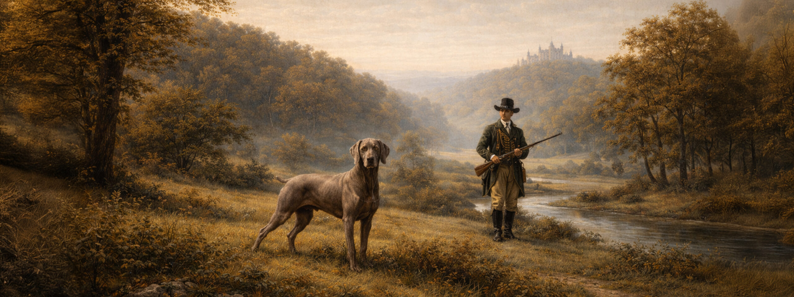 Gemälde zeigt Weimaraner bei der rassespezifischen Arbeit im Gelände