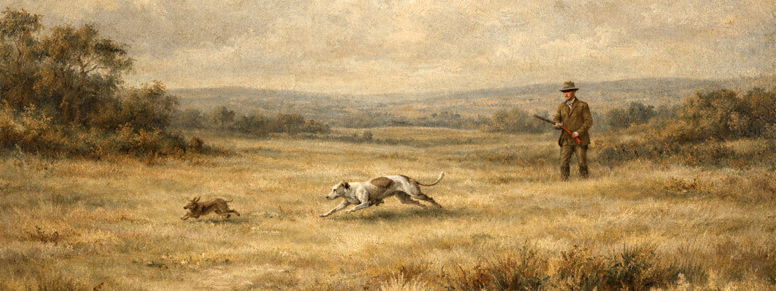 Gemälde zeigt Whippet bei der rassespezifischen Arbeit im Gelände