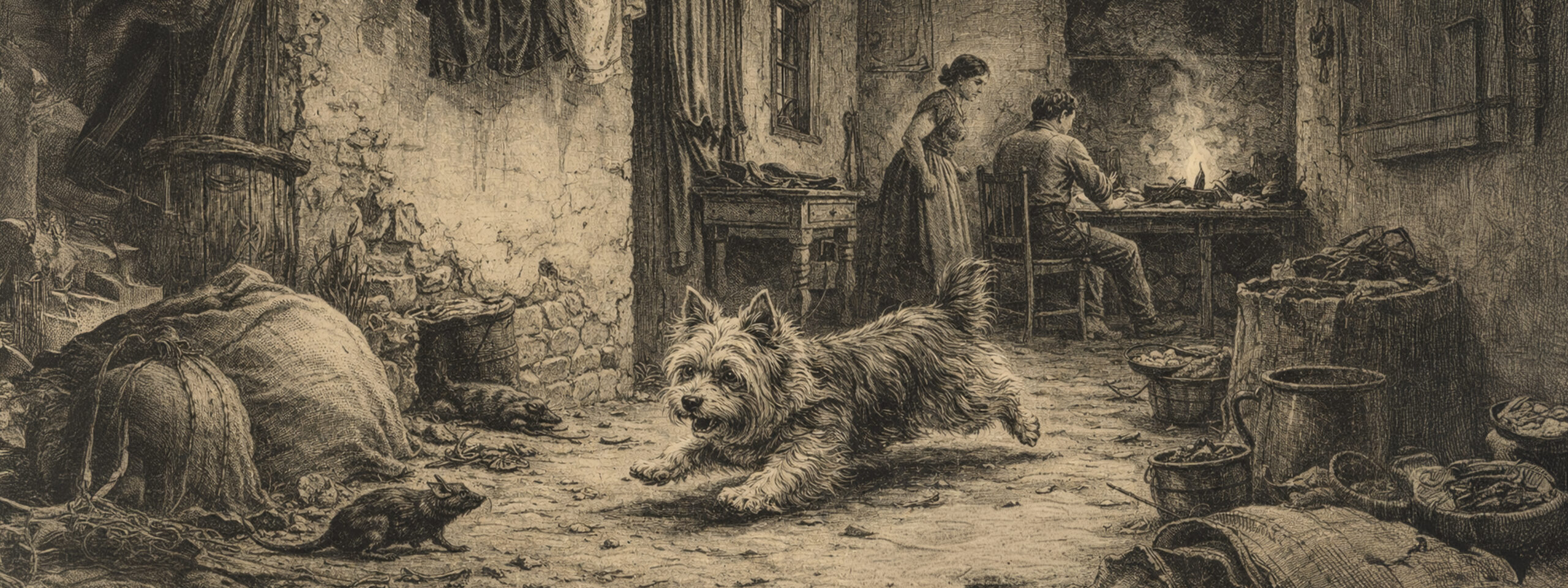 Gemälde zeigt Yorkshire Terrier bei der rassespezifischen Arbeit im Gelände