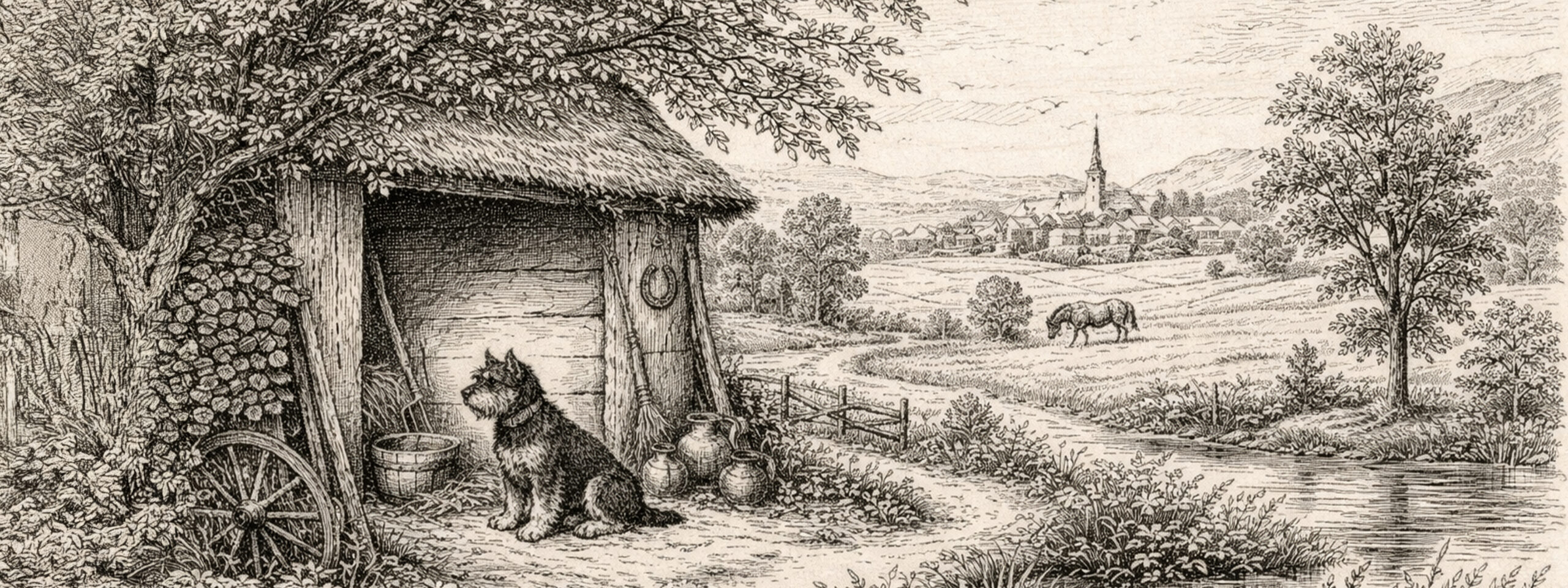 Gemälde zeigt Zwergschnauzer bei der rassespezifischen Arbeit im Gelände