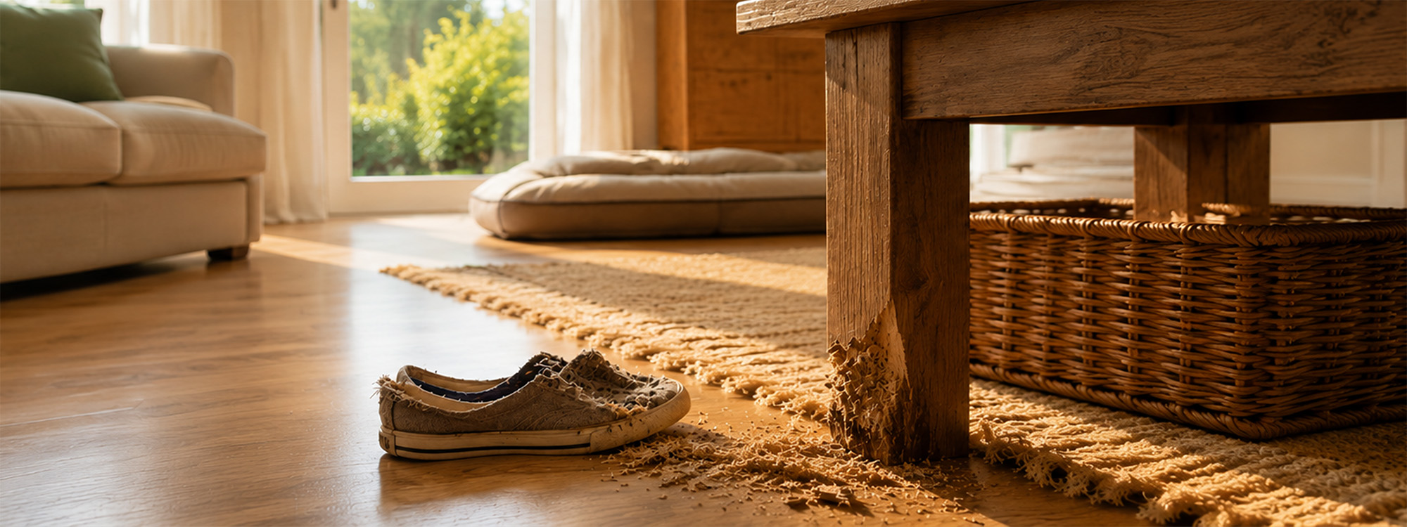 Welpe beißt in Möbel wie Tischbein oder in Schuhe