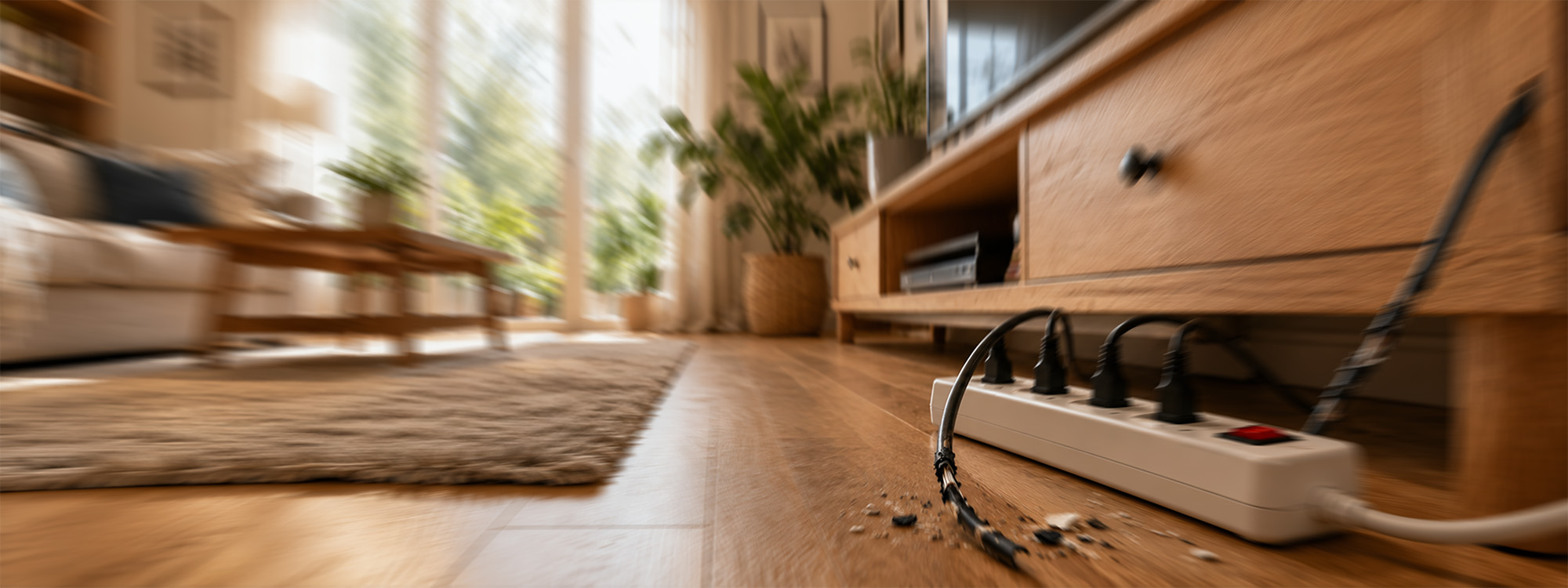 Welpe knabbert Steckerleiste oder Kabel an